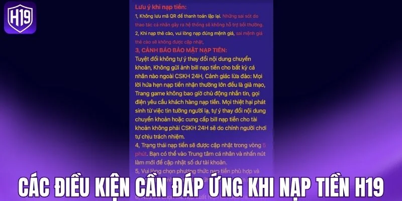 Các điều kiện cần đáp ứng khi nạp tiền H19